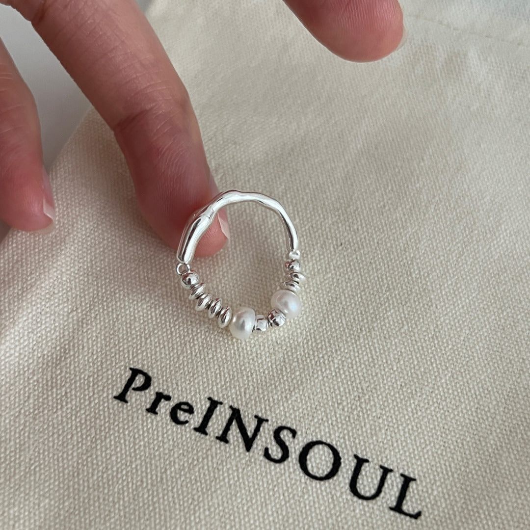 S925 Sterling Silver Freshwater Pearl Broken Silver Ring