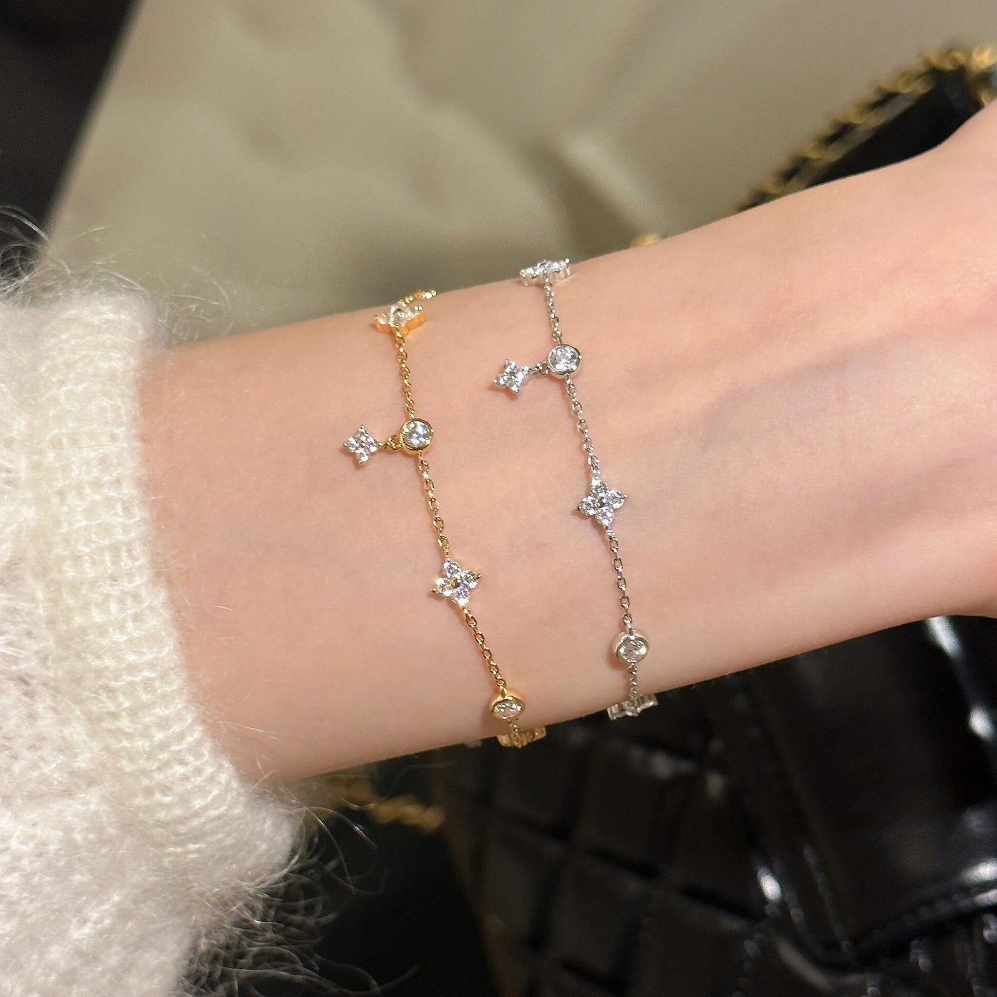 四つ葉のクローバータッセルジルコンS925スターリングシルバーブレスレット