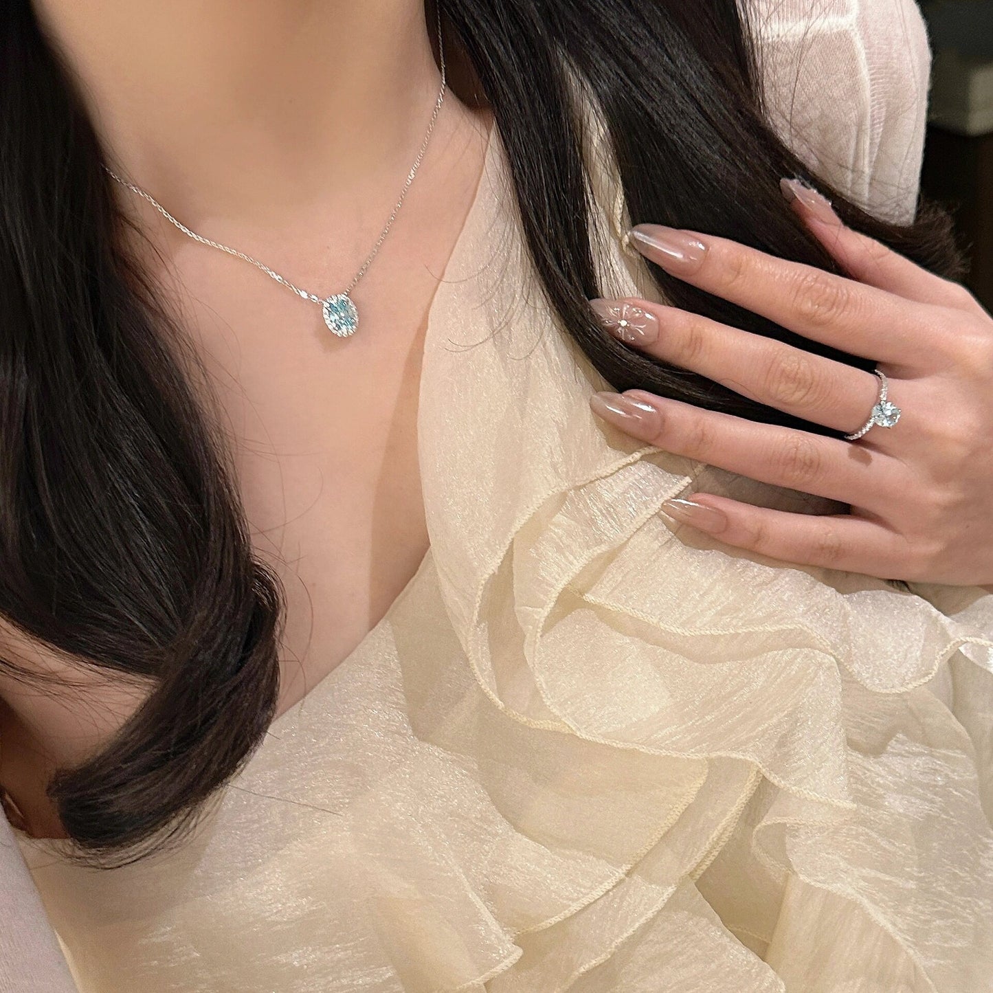 S925スターリングシルバーアクアマリンオーバルピジョンエッグダイヤモンドリングネックレス