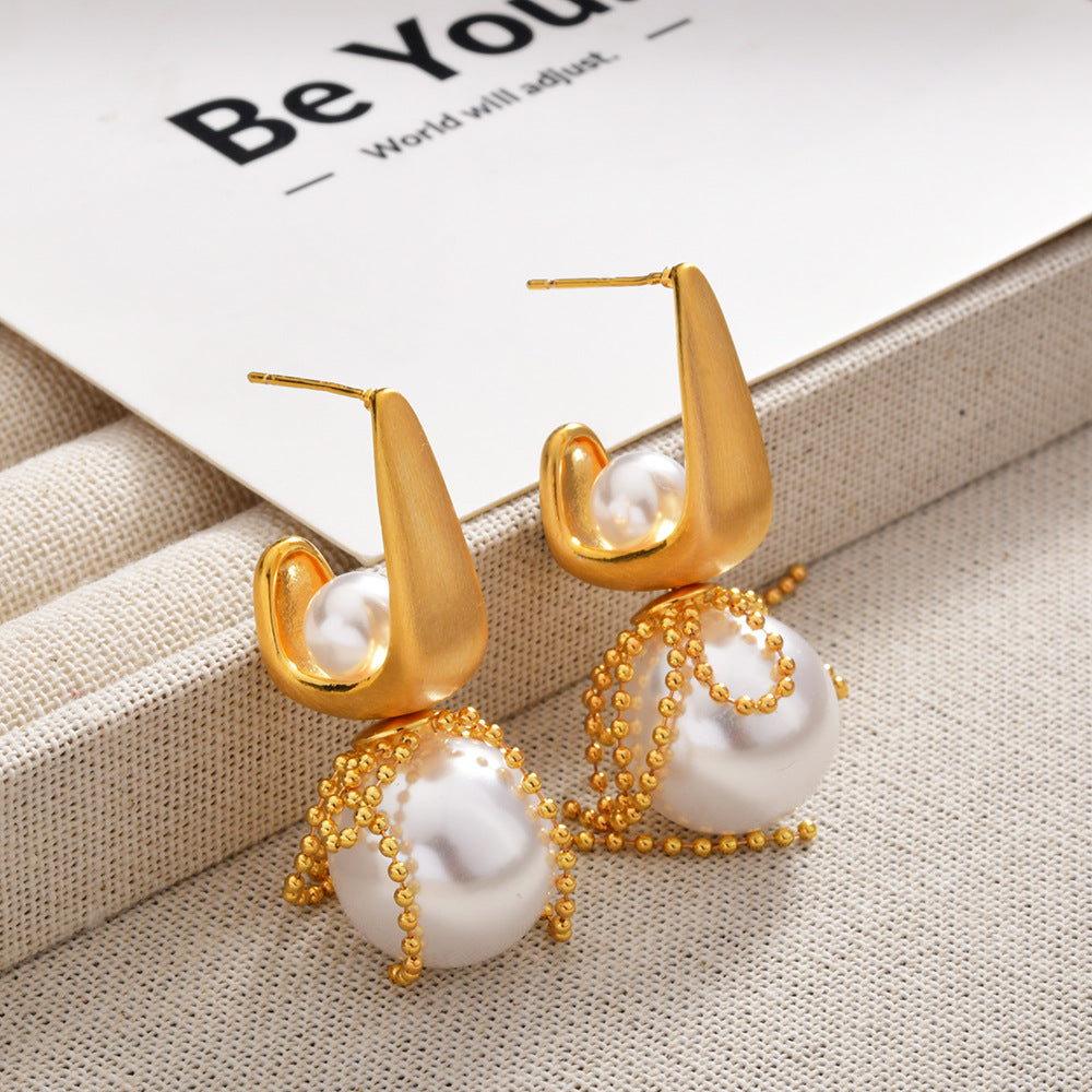 Brushed Pearl Bow Lace Tassel Earrings