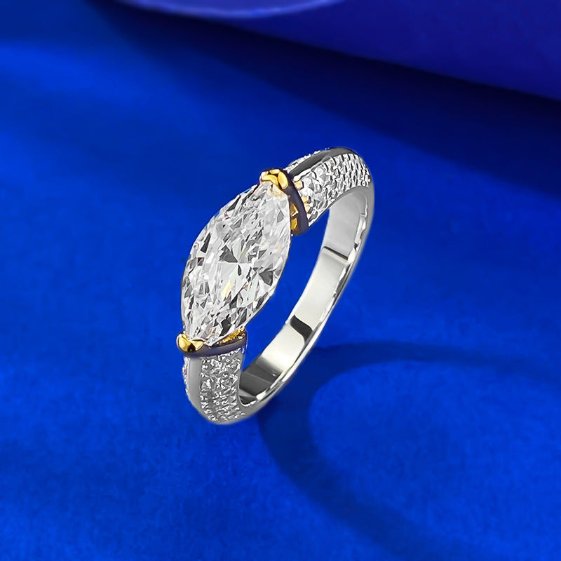 S925 Silver 6 * 12mm Horse Eye White Diamond Ring