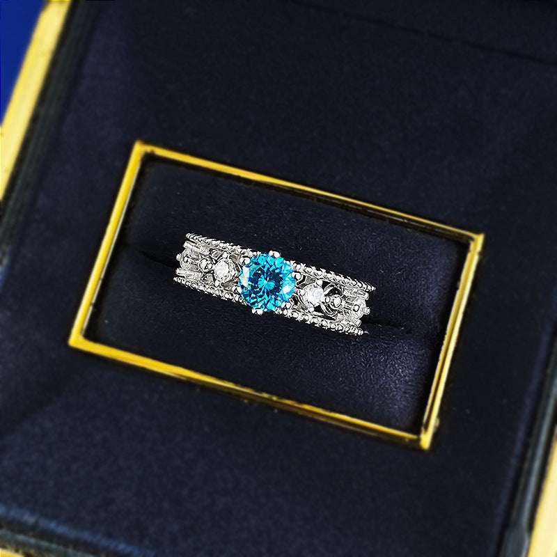 S925 Silver One Carat Sea Blue Diamond Fireworks Cutting Ring