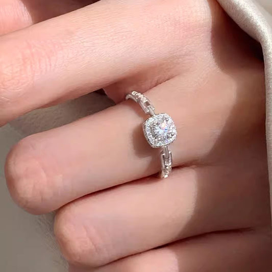 S925 Sterling Silver Zircon Square Diamond Chain Ring