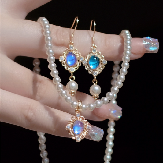 Blue gem Pearl Necklace Earrings Set