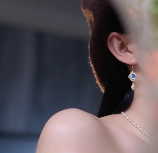 Blue gem Pearl Necklace Earrings Set