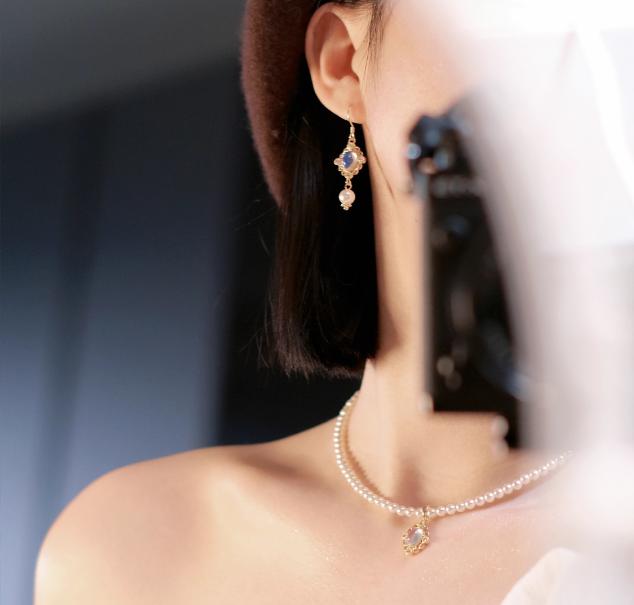 Blue gem Pearl Necklace Earrings Set