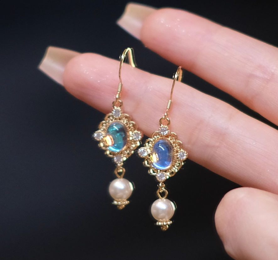 Blue gem Pearl Necklace Earrings Set