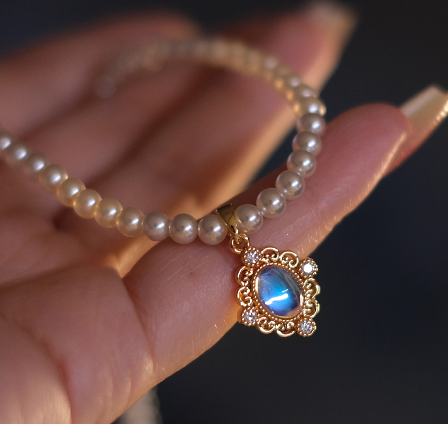 Blue gem Pearl Necklace Earrings Set