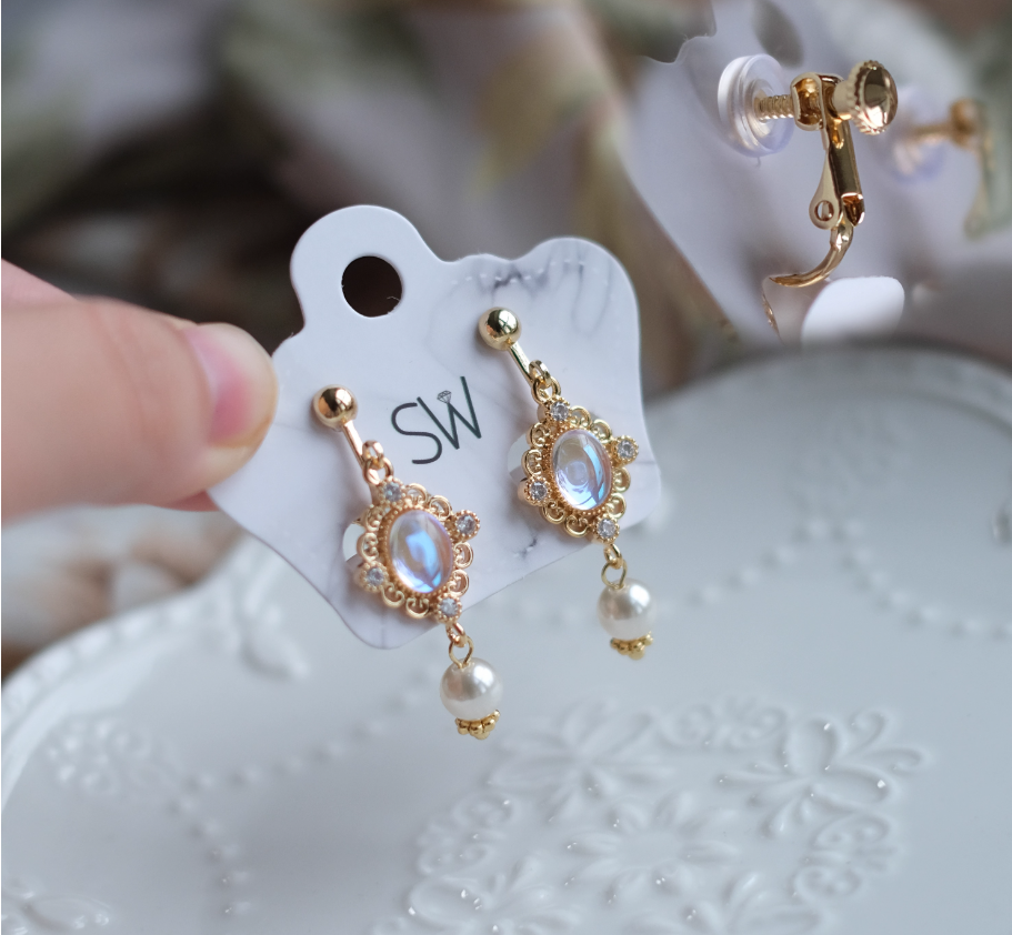 Blue gem Pearl Necklace Earrings Set