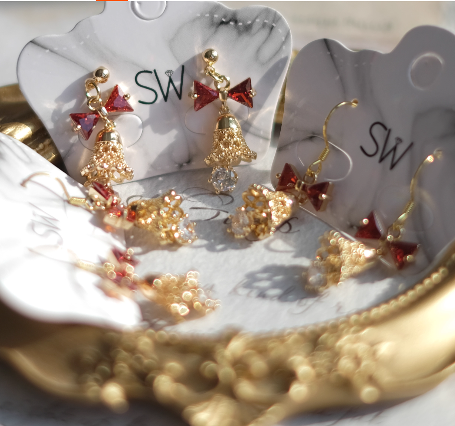 Bell red bow necklace earrings set