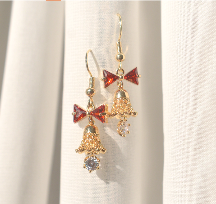 Bell red bow necklace earrings set