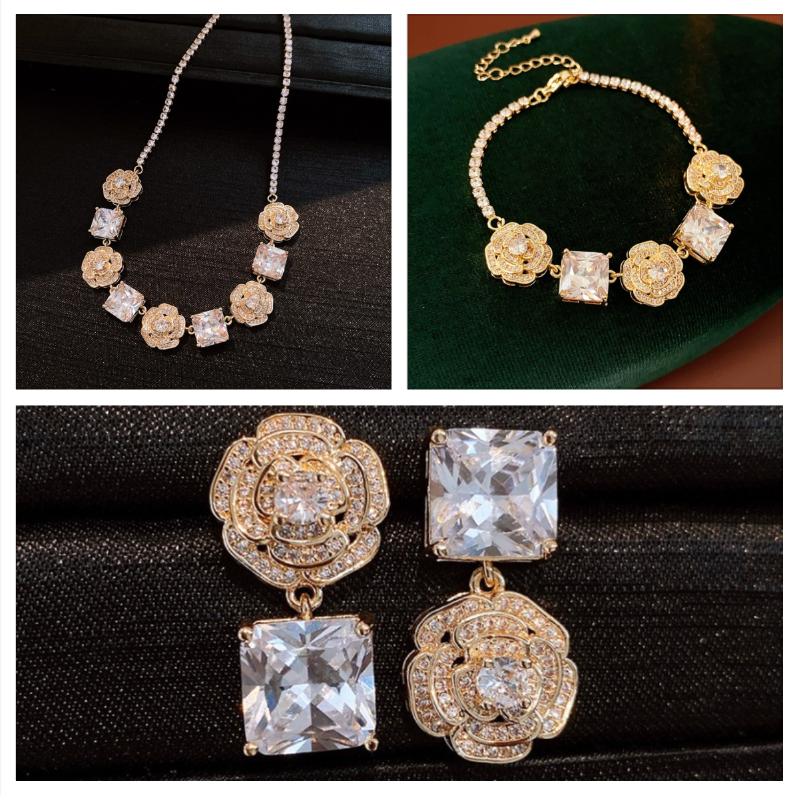 Pink rose cube zircon necklace bracelet earrings set