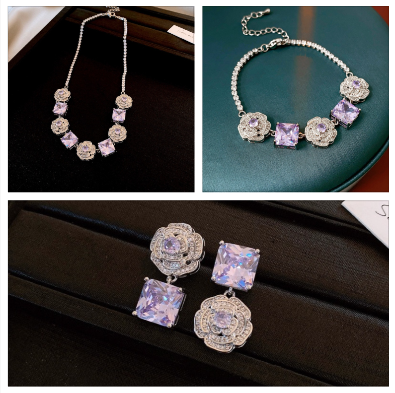 Pink rose cube zircon necklace bracelet earrings set