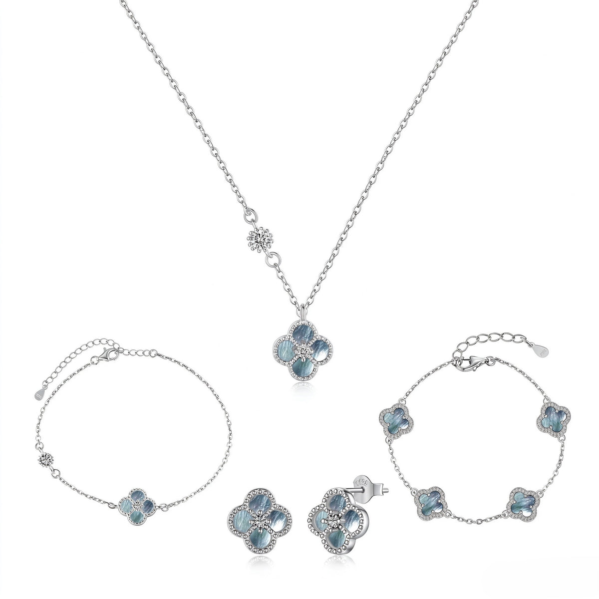 S925 Sterling Silver Four-Leaf Clover Natural Pearly Gray Mother-of-Pearl Round Zircon Bracelet Necklace Earrings