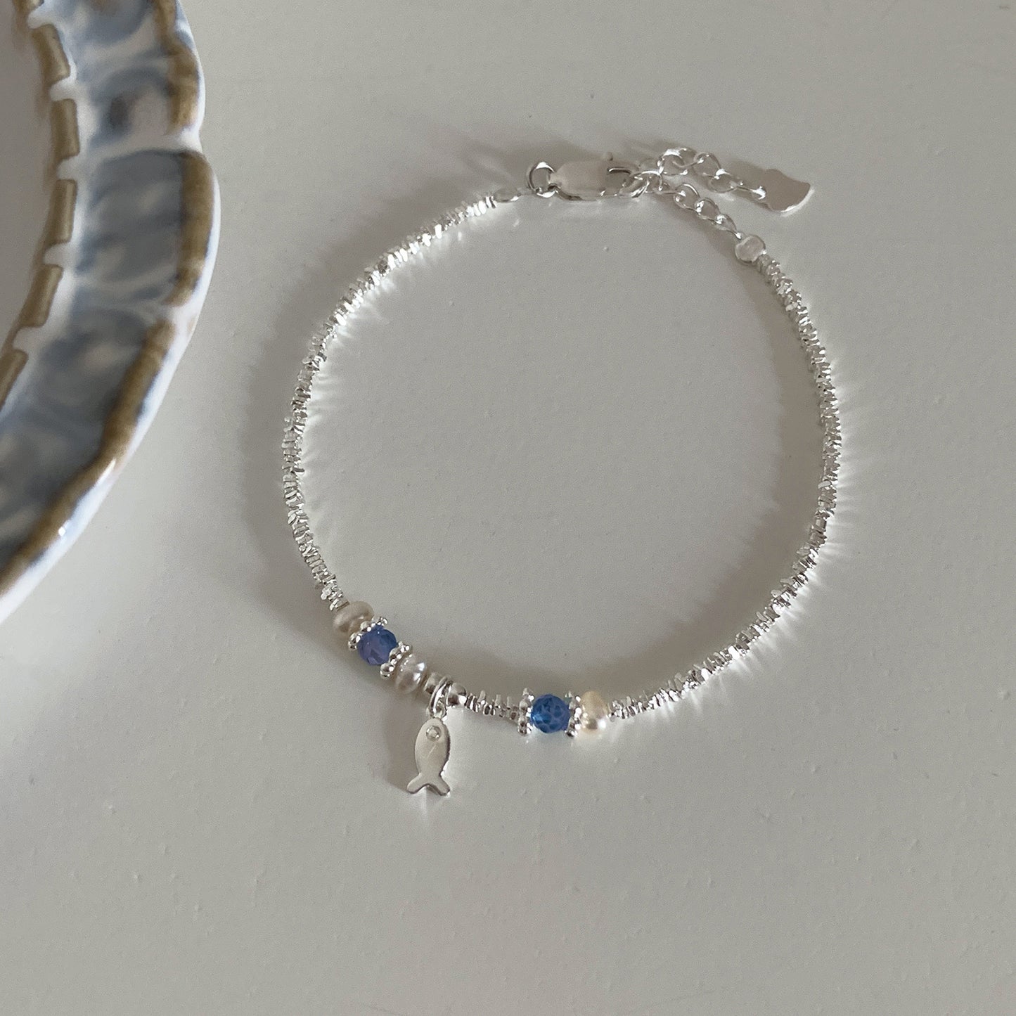 S925 sterling silver blue crystal fish bracelet