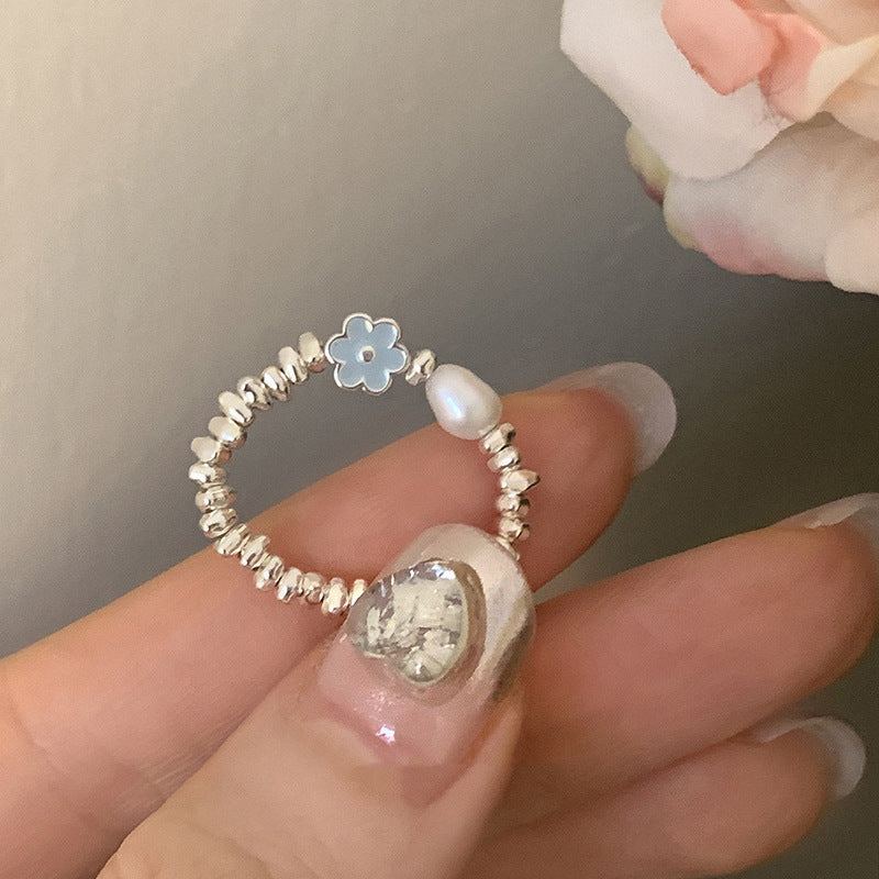 S925 sterling silver glazed flower pearl ring
