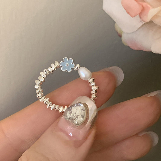 S925 sterling silver glazed flower pearl ring