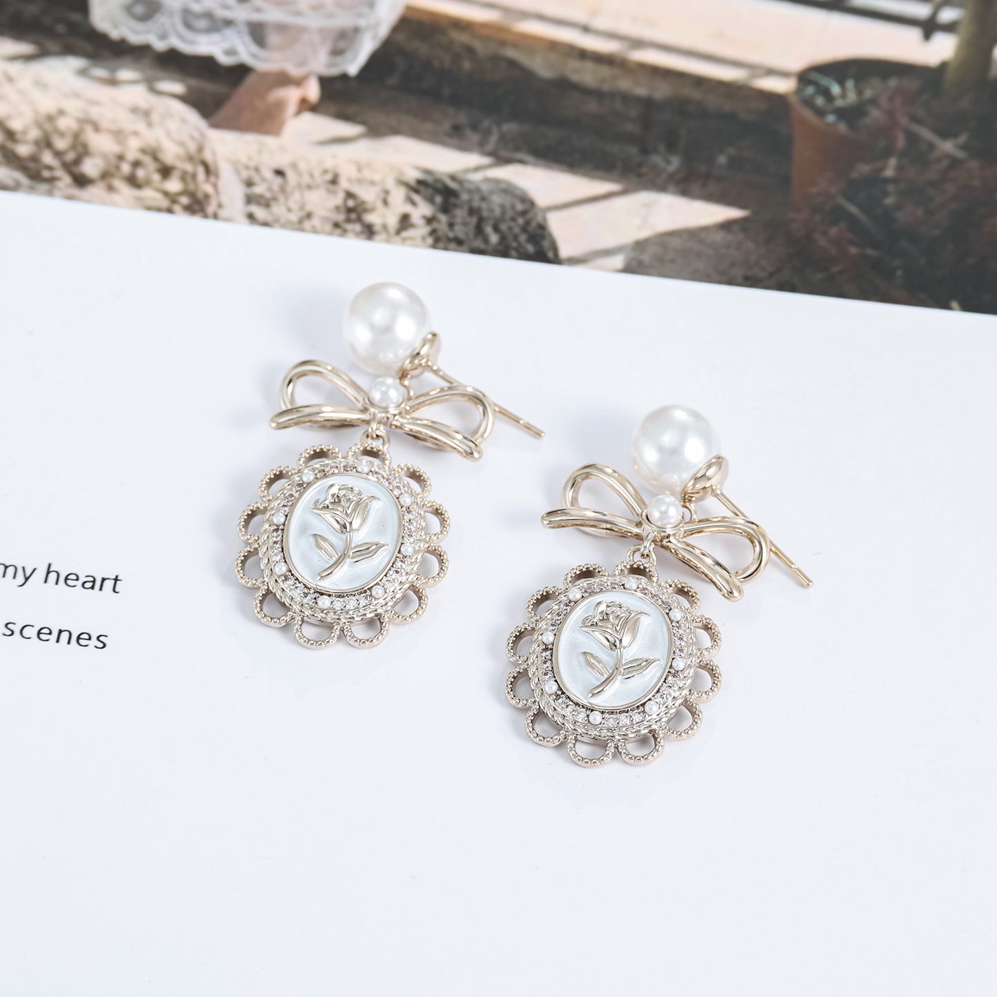 925 silver needle real gold plated pearl bow rose earrings