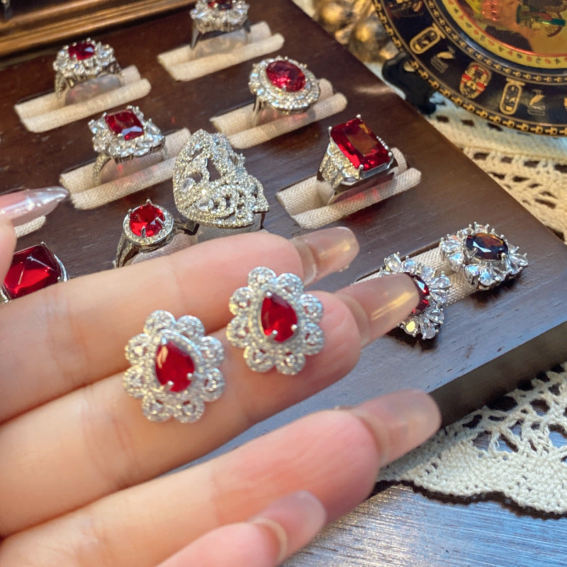 Ruby micro-inlaid copper plated with real gold ring earrings bracelet pendant necklace