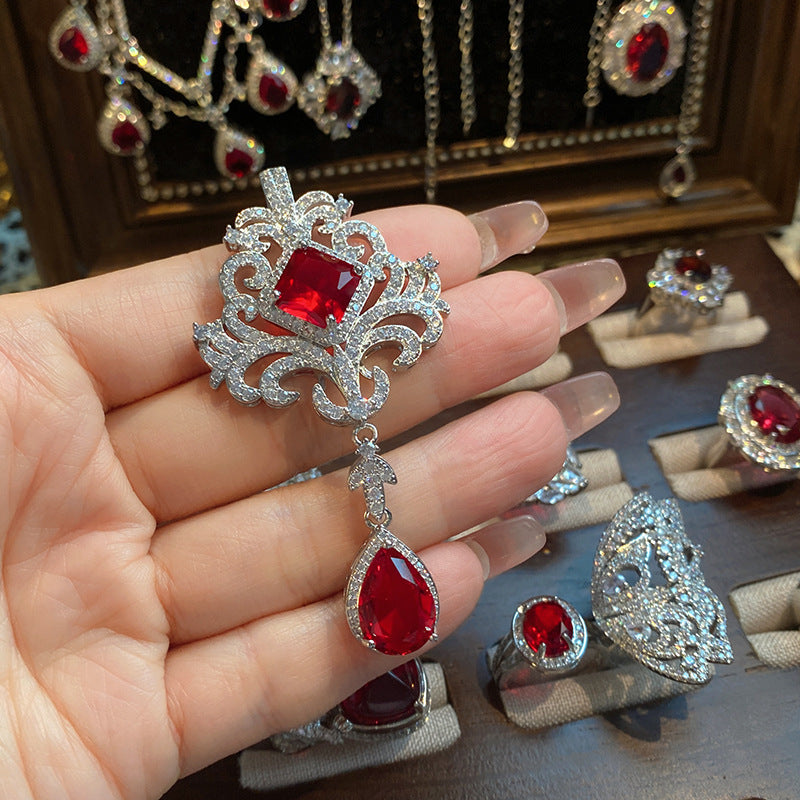 Ruby micro-inlaid copper plated with real gold ring earrings bracelet pendant necklace