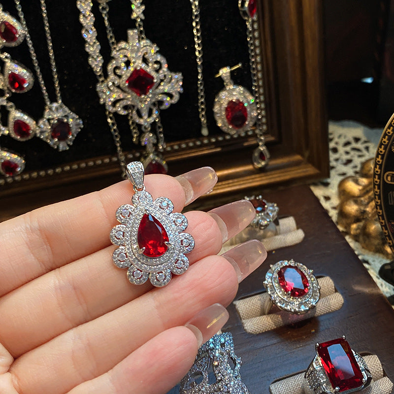 Ruby micro-inlaid copper plated with real gold ring earrings bracelet pendant necklace