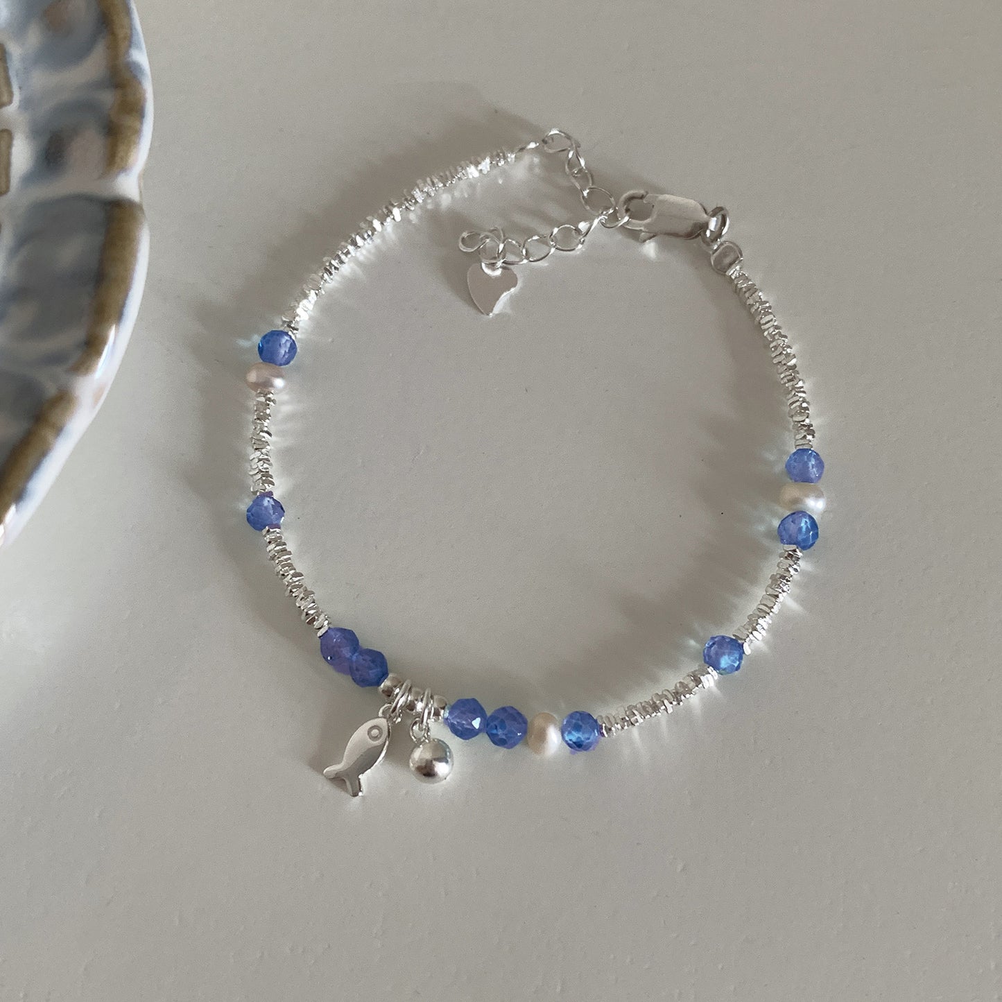 S925 sterling silver blue crystal fish bracelet