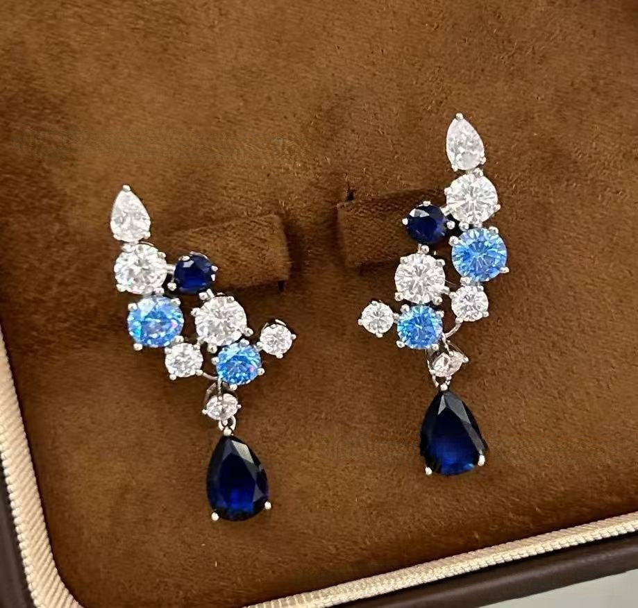 Blue diamond copper plated gold earrings necklace set